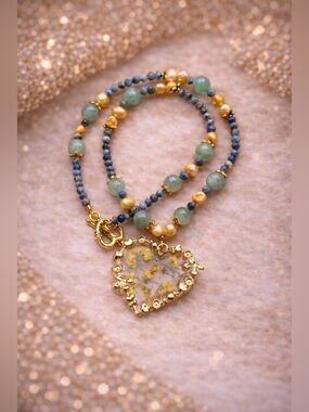 ARTISAN Hand Crafted Green Jade Lapis Lazuli Yellow Genuine Pearl Heart Necklace